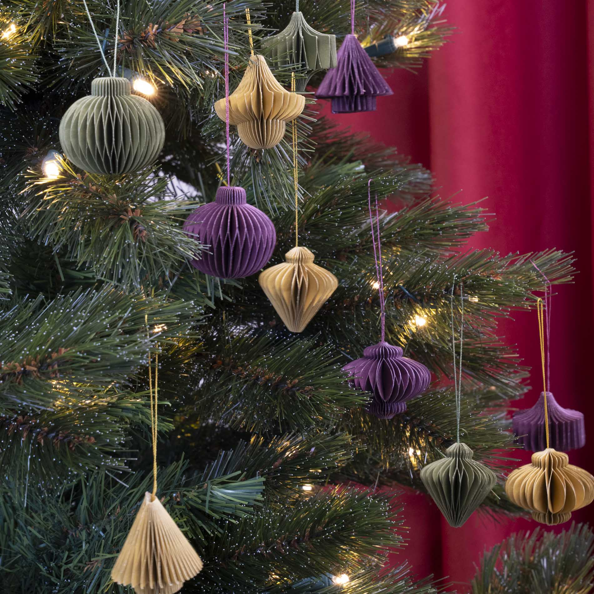 Hanging Paper Ornaments - Set 6 Pcs - 4,5 Cm - Christmas Honeycomb Baubles - Purple - Green - Olive - Christmas Tree Decorations