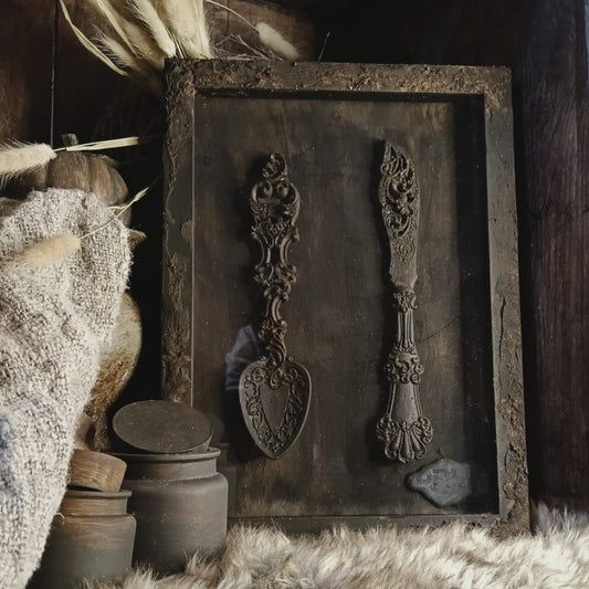 Schilderij sculptuur lepel en mes